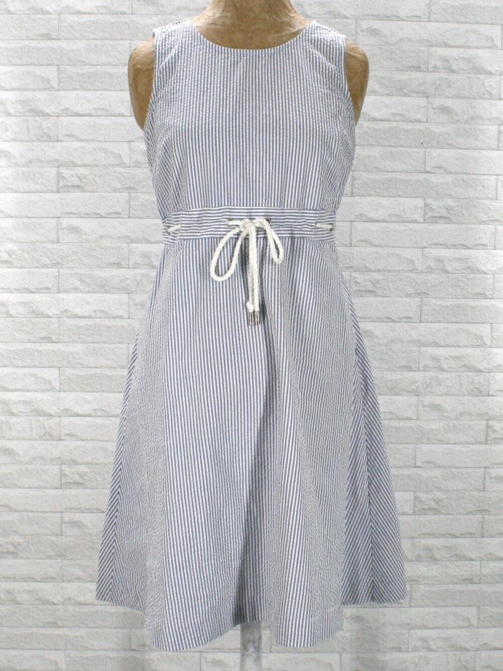 TALBOTS Dress Seersucker Sleeveless Stripe Classic Nautical Blue White 6 Petite